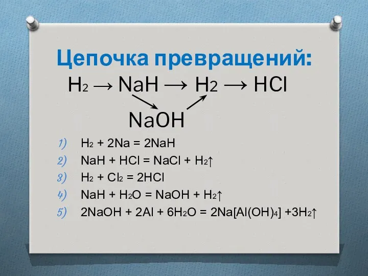 Цепочка превращений: Н2 → NaH → Н2 → HCl NaOH