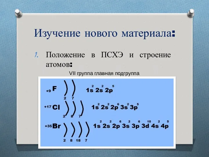 Изучение нового материала: Положение в ПСХЭ и строение атомов: VII группа главная подгруппа