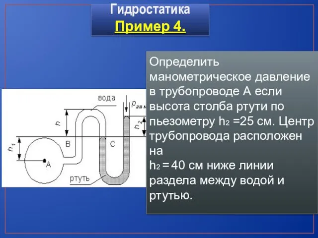 Гидростатика Пример 4. Определить манометрическое давление в трубопроводе А если высота столба ртути