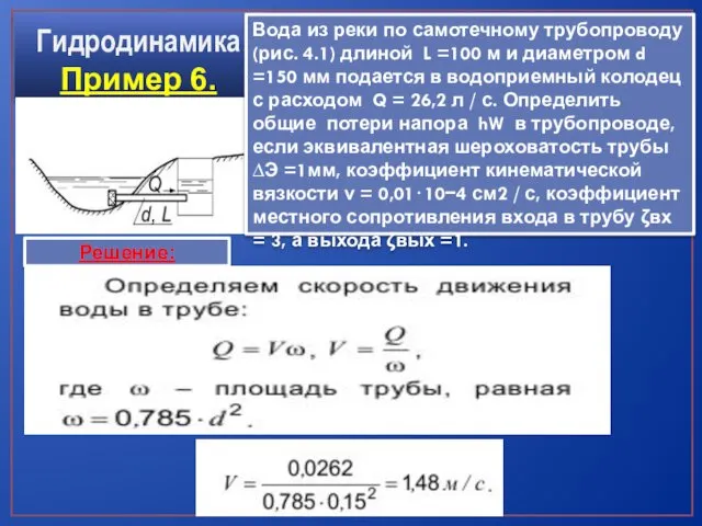 Гидродинамика Пример 6. Решение: Вода из реки по самотечному трубопроводу