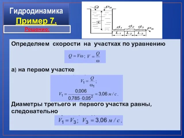 Гидродинамика Пример 7. Определяем скорости на участках по уравнению а) на первом участке