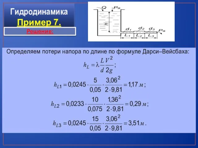 Гидродинамика Пример 7. Решение: