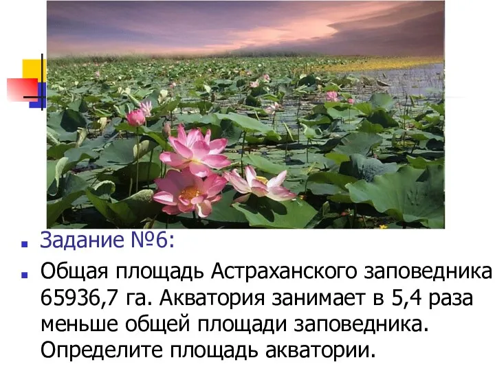 Задание №6: Общая площадь Астраханского заповедника 65936,7 га. Акватория занимает в 5,4 раза