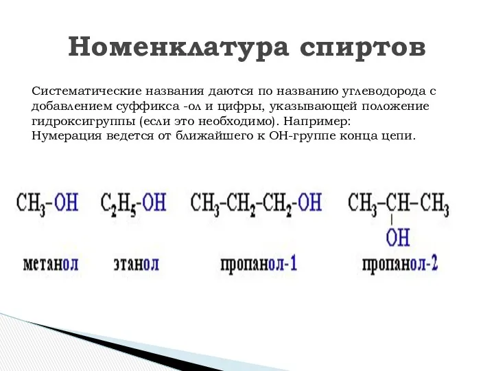 Номенклатура спиртов Систематические названия даются по названию углеводорода с добавлением