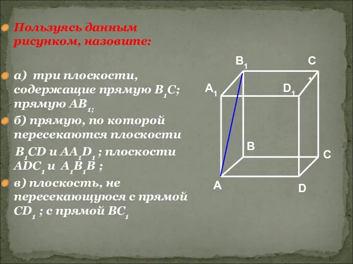 Пользуясь данным рисунком, назовите: а) три плоскости, содержащие прямую В1С; прямую АВ1; б)