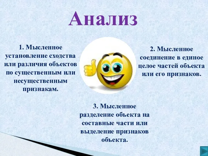 Анализ 1. Мысленное установление сходства или различия объектов по существенным или несущественным признакам.