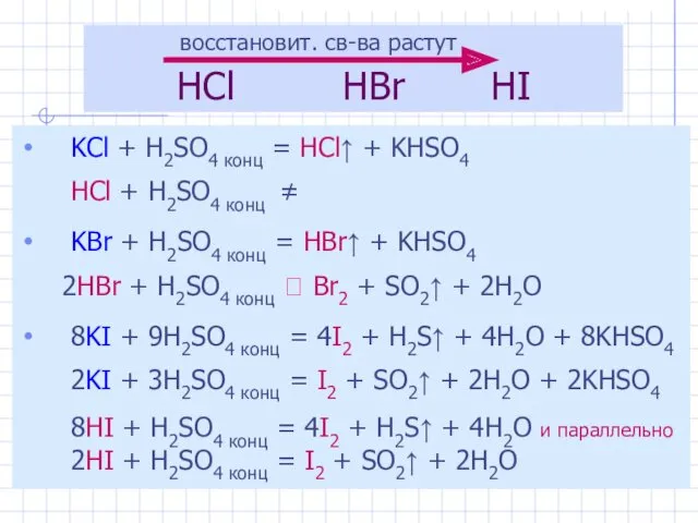 HCl HBr HI KCl + H2SO4 конц = HCl↑ +