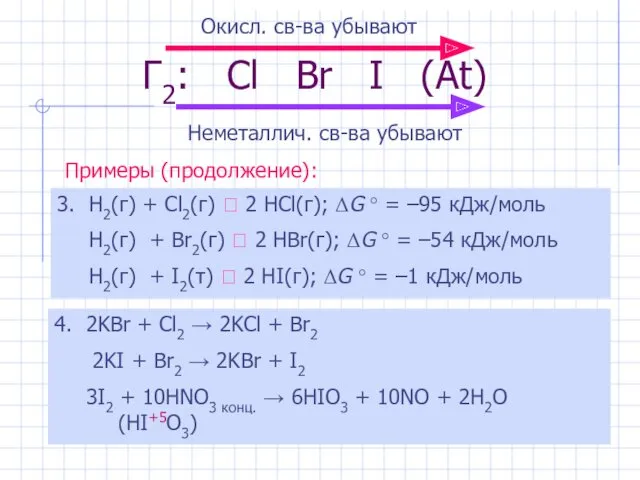 Г2: Cl Br I (At) Примеры (продолжение): 3. H2(г) +