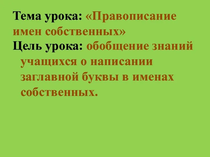 Тема урока: «Правописание имен собственных» Цель урока: обобщение знаний учащихся