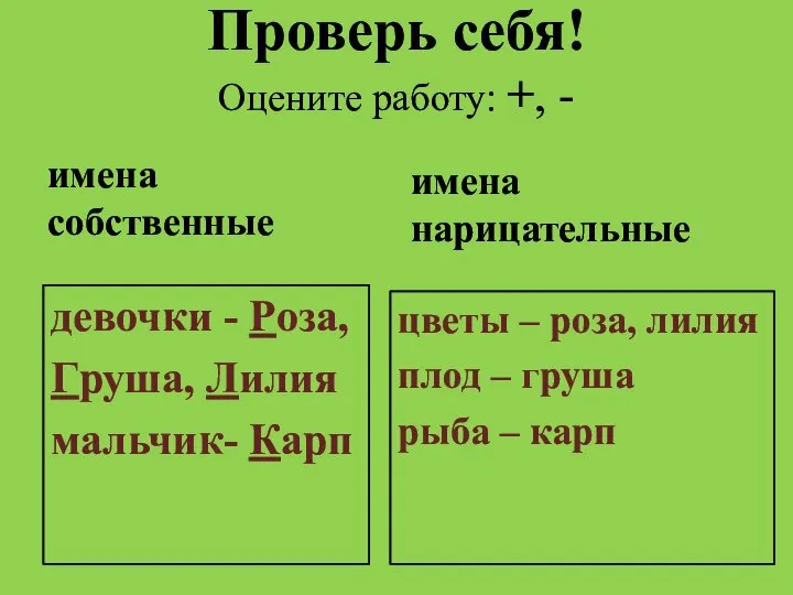 Проверь себя! Оцените работу: +, - имена собственные девочки -