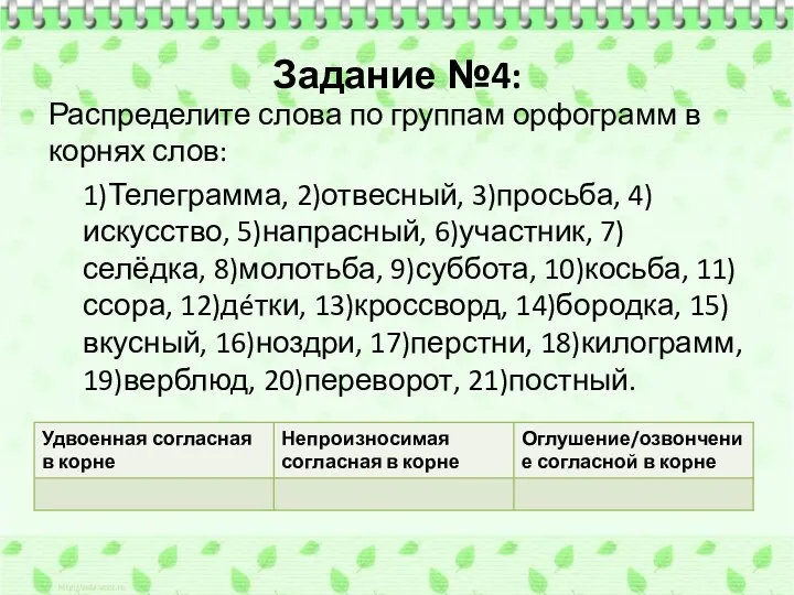 Задание №4: Распределите слова по группам орфограмм в корнях слов: