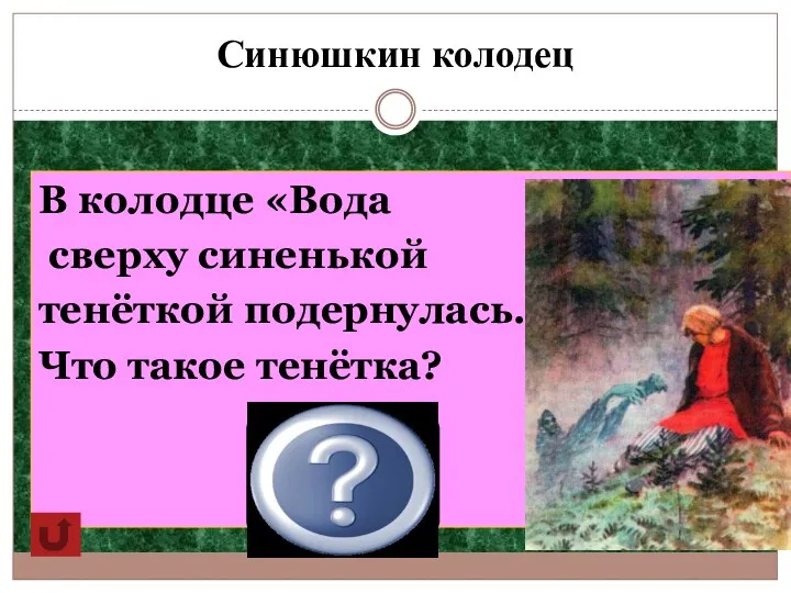 Синюшкин колодец В колодце «Вода сверху синенькой тенёткой подернулась…» Что такое тенётка? Паутиная сеть