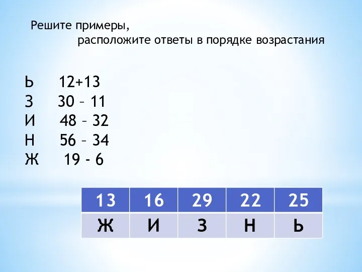 Решите примеры, расположите ответы в порядке возрастания Ь 12+13 З