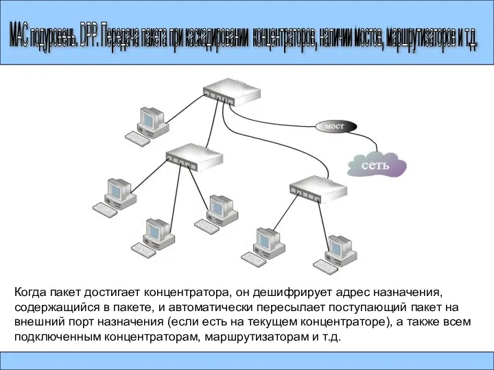 МАС подуровень. DPP. Передача пакета при каскадировании концентраторов, наличии мостов,