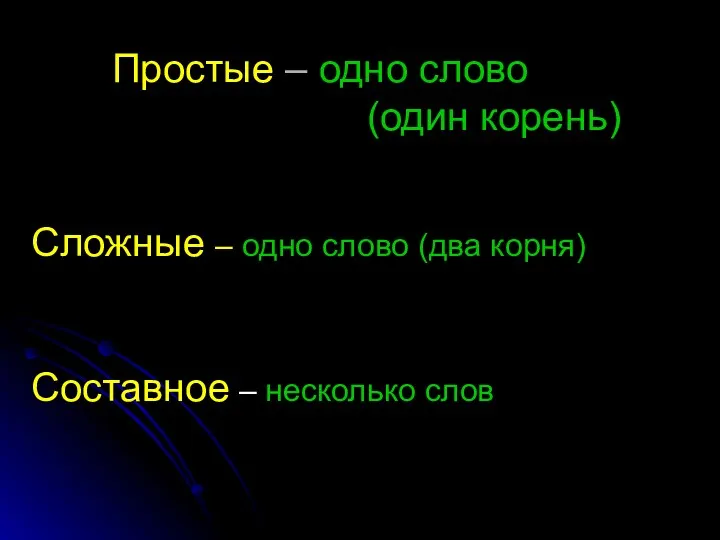 Простые – одно слово (один корень) Сложные – одно слово (два корня) Составное – несколько слов