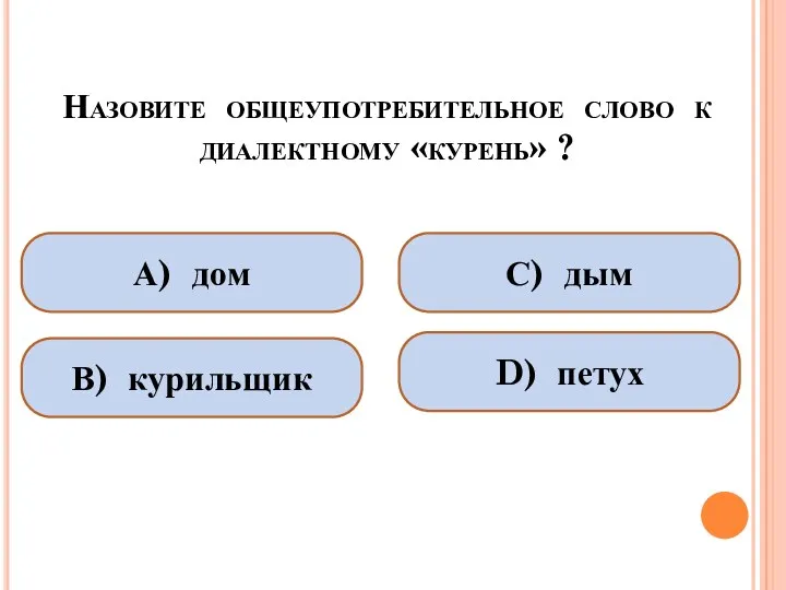 Назовите общеупотребительное слово к диалектному «курень» ? А) дом В) курильщик С) дым D) петух