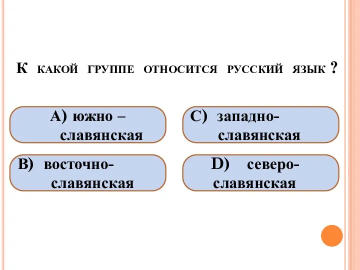 К какой группе относится русский язык ? А) южно –