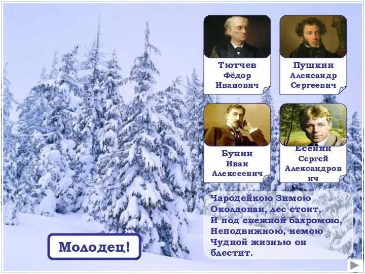 Чародейкою Зимою Околдован, лес стоит, И под снежной бахромою, Неподвижною, немою Чудной жизнью