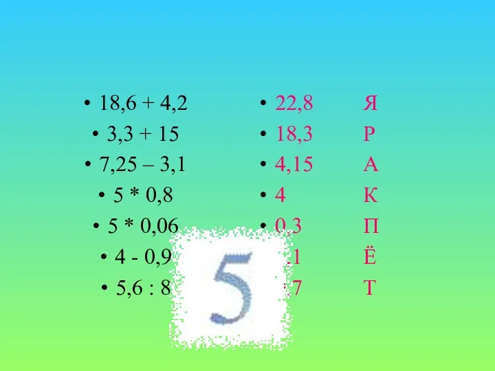 18,6 + 4,2 3,3 + 15 7,25 – 3,1 5