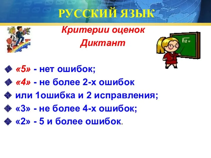 РУССКИЙ ЯЗЫК Критерии оценок Диктант «5» - нет ошибок; «4»