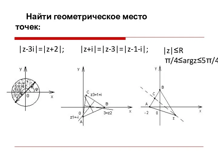 Найти геометрическое место точек: |z-3i|=|z+2|; |z+i|=|z-3|=|z-1-i|; |z|≤R π/4≤argz≤5π/4