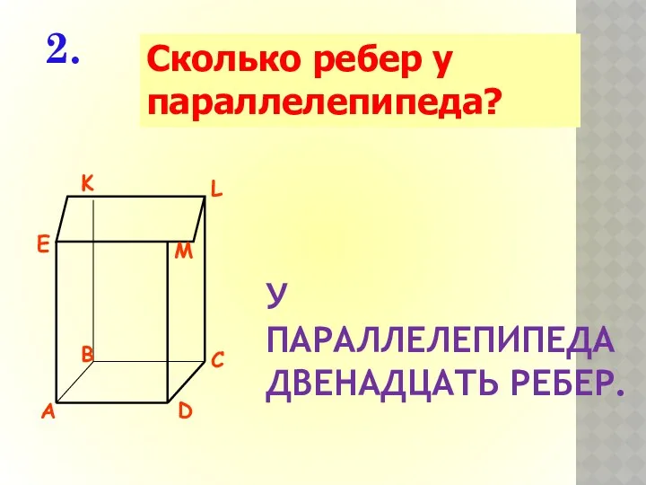 Сколько ребер у параллелепипеда? 2. У ПАРАЛЛЕЛЕПИПЕДА ДВЕНАДЦАТЬ РЕБЕР.