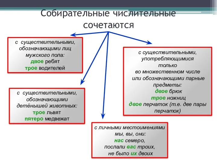 Собирательные числительные сочетаются с существительными, обозначающими лиц мужского пола: двое