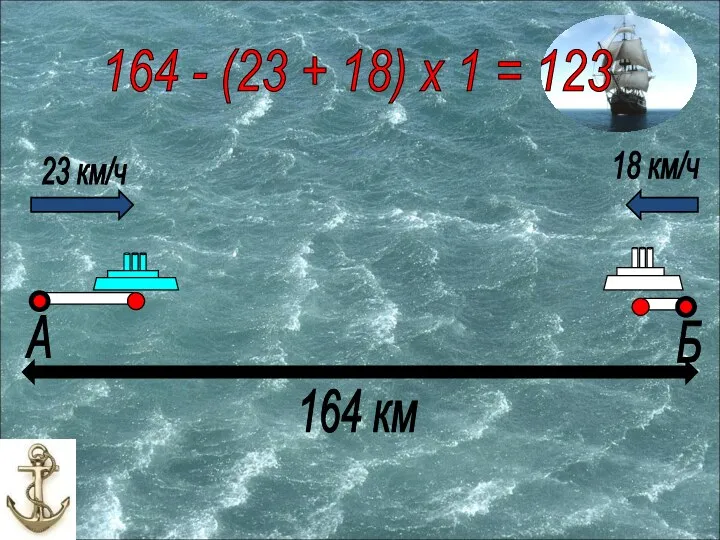 Б А 23 км/ч 18 км/ч 164 км 164 - (23 + 18)