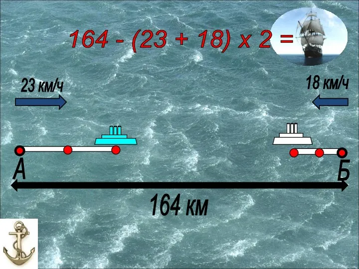 Б А 23 км/ч 18 км/ч 164 км 164 - (23 + 18) х 2 =