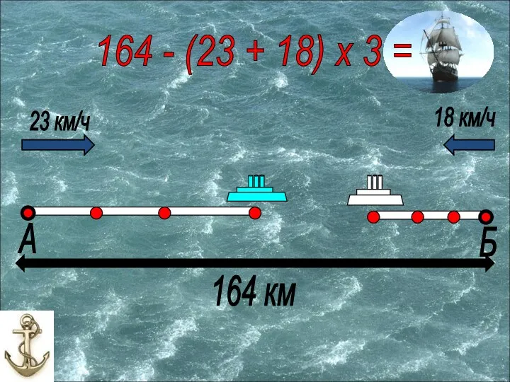 А Б 23 км/ч 18 км/ч 164 км 164 - (23 + 18) х 3 =