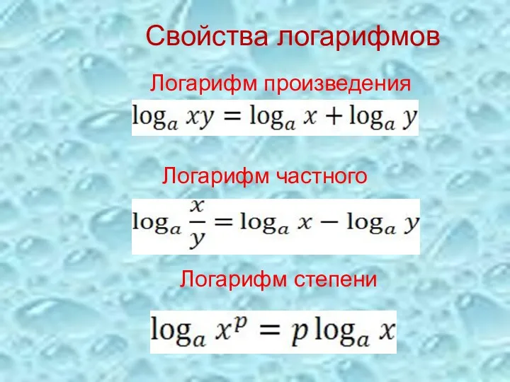 Логарифм произведения Логарифм частного Логарифм степени Свойства логарифмов
