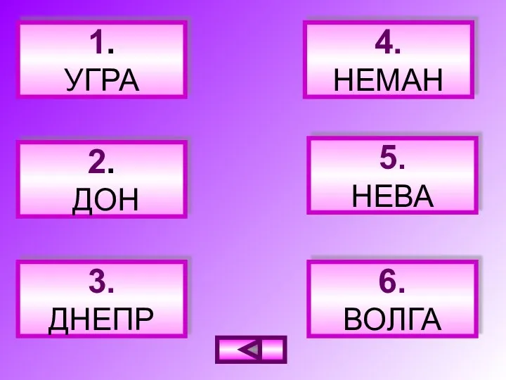 1. УГРА 2. ДОН 3. ДНЕПР 4. НЕМАН 5. НЕВА 6. ВОЛГА