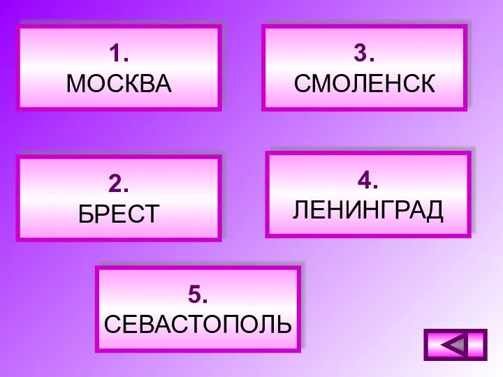 1. МОСКВА 2. БРЕСТ 5. СЕВАСТОПОЛЬ 3. СМОЛЕНСК 4. ЛЕНИНГРАД