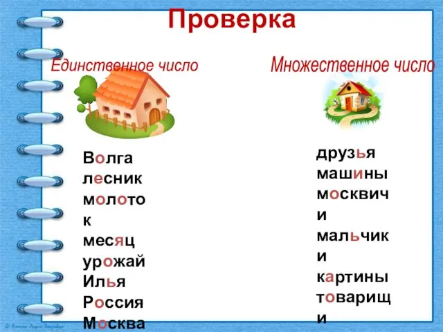 Проверка Единственное число Множественное число Волга лесник молоток месяц урожай