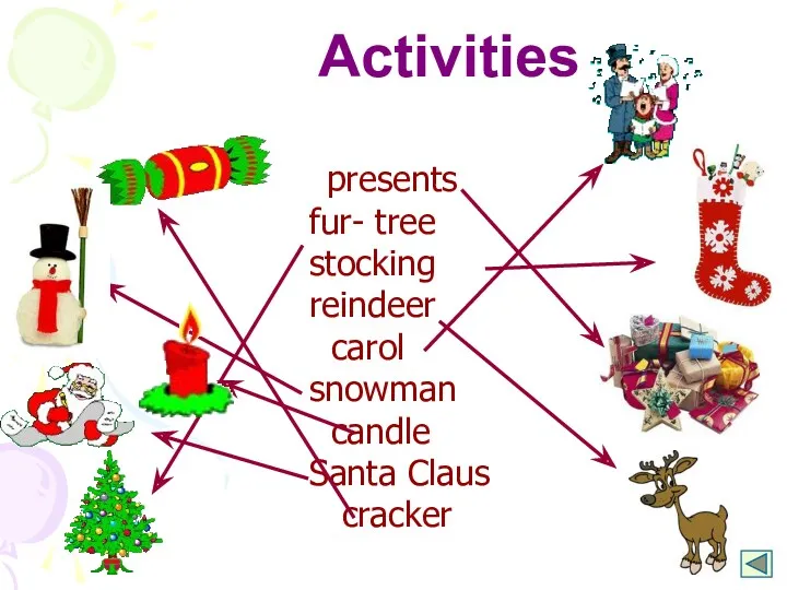 Activities presents fur- tree stocking reindeer carol snowman candle Santa Claus cracker