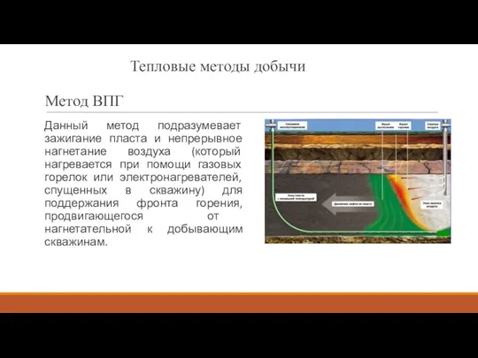 Метод ВПГ Данный метод подразумевает зажигание пласта и непрерывное нагнетание