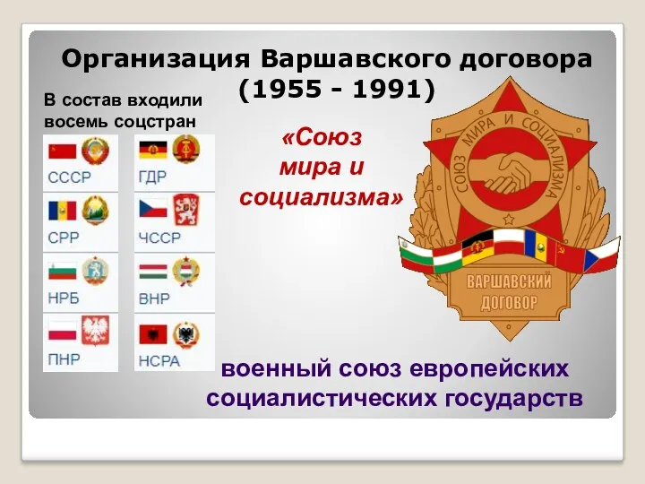 Организация Варшавского договора (1955 - 1991) В состав входили восемь соцстран «Союз мира