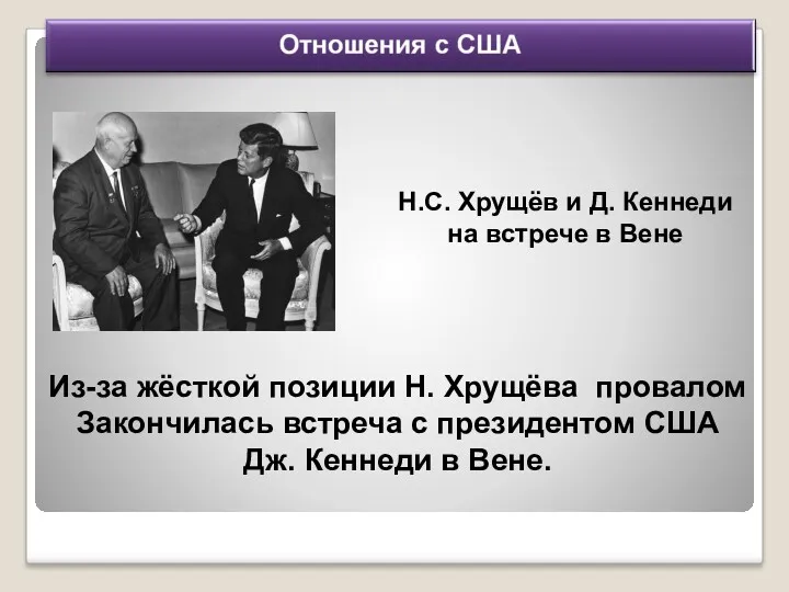 Из-за жёсткой позиции Н. Хрущёва провалом Закончилась встреча с президентом США Дж. Кеннеди