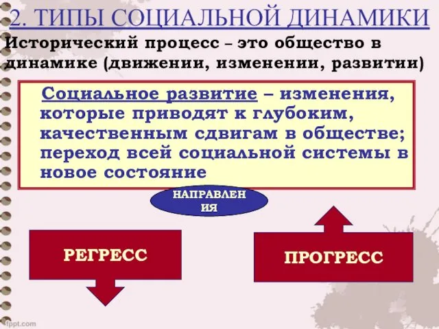 2. ТИПЫ СОЦИАЛЬНОЙ ДИНАМИКИ Социальное развитие – изменения, которые приводят