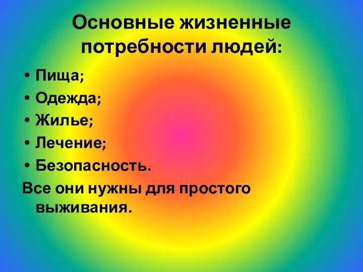 Основные жизненные потребности людей: Пища; Одежда; Жилье; Лечение; Безопасность. Все они нужны для простого выживания.