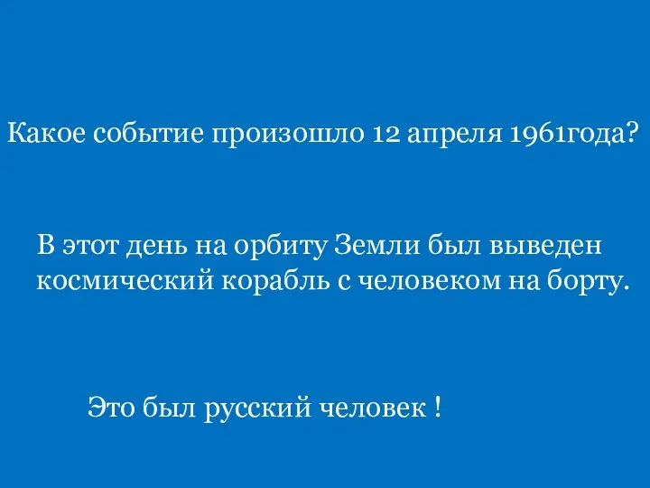 Какое событие произошло 12 апреля 1961года? В этот день на орбиту Земли был