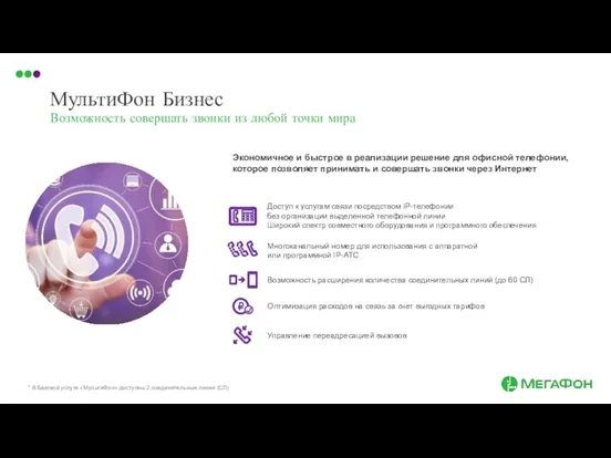 МультиФон Бизнес Возможность совершать звонки из любой точки мира Экономичное и быстрое в