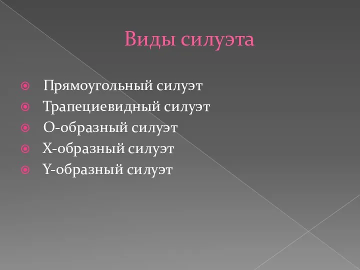 Виды силуэта Прямоугольный силуэт Трапециевидный силуэт О-образный силуэт X-образный силуэт Y-образный силуэт