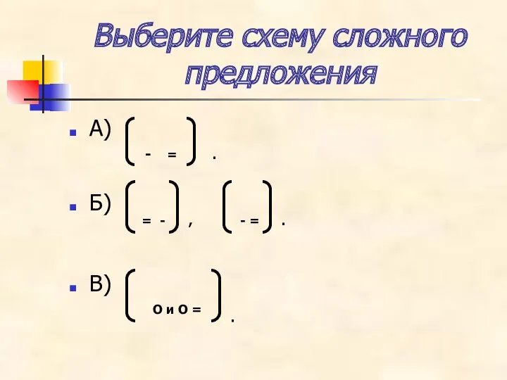 Выберите схему сложного предложения А) Б) В) - = .