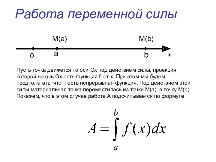 Работа переменной силы Пусть точка движется по оси Ох под