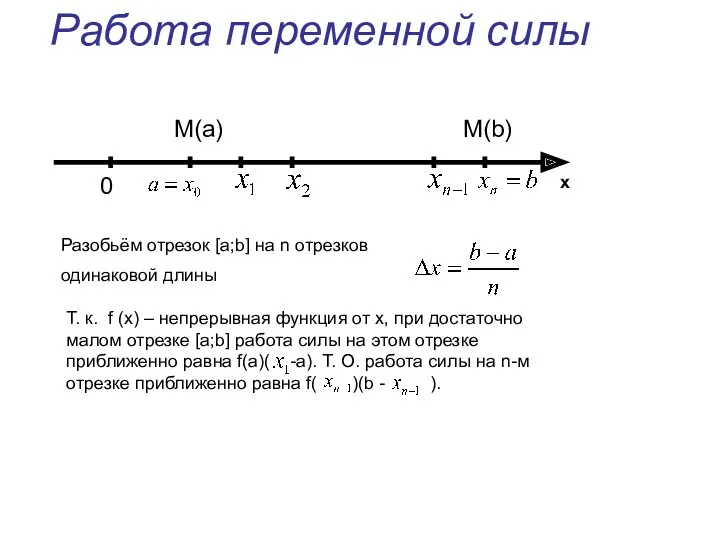 Работа переменной силы 0 M(a) M(b) x Разобьём отрезок [a;b]