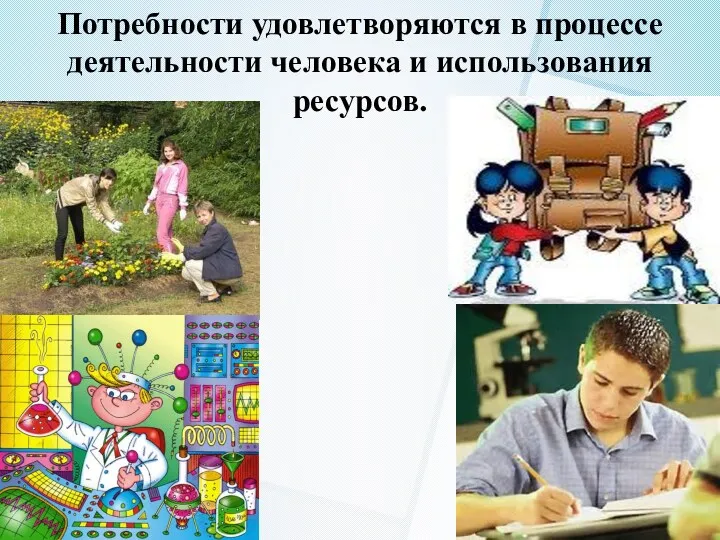 Потребности удовлетворяются в процессе деятельности человека и использования ресурсов.