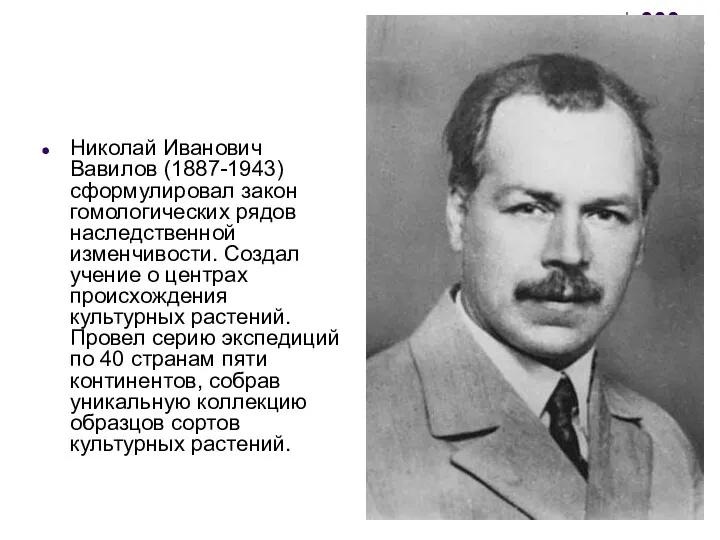 Николай Иванович Вавилов (1887-1943) сформулировал закон гомологических рядов наследственной изменчивости. Создал учение о