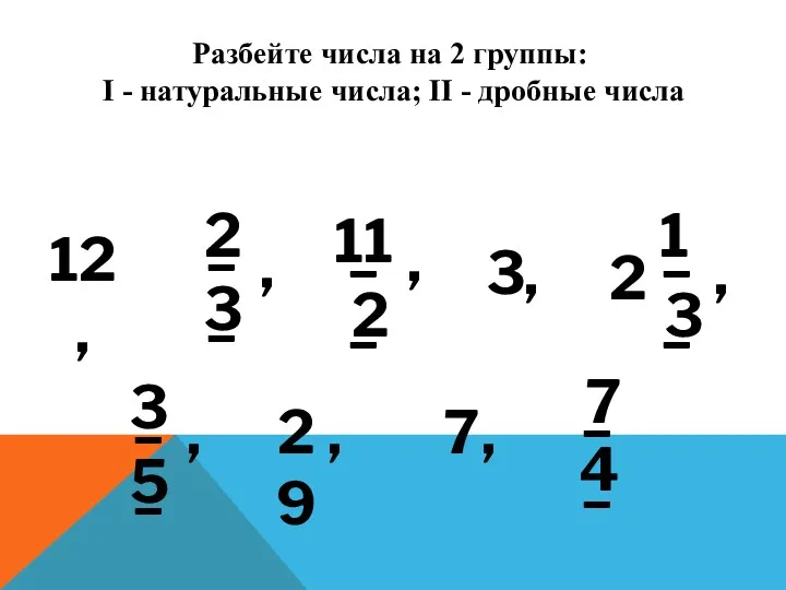 Разбейте числа на 2 группы: I - натуральные числа; II