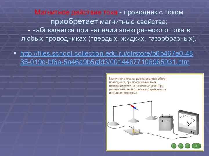 Магнитное действие тока - проводник с током приобретает магнитные свойства;